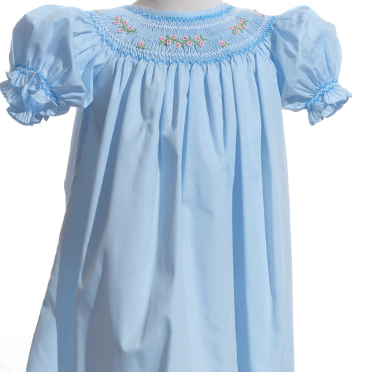 Blue Geo Smocked With Flowers Short Sleeve Bishop Dress