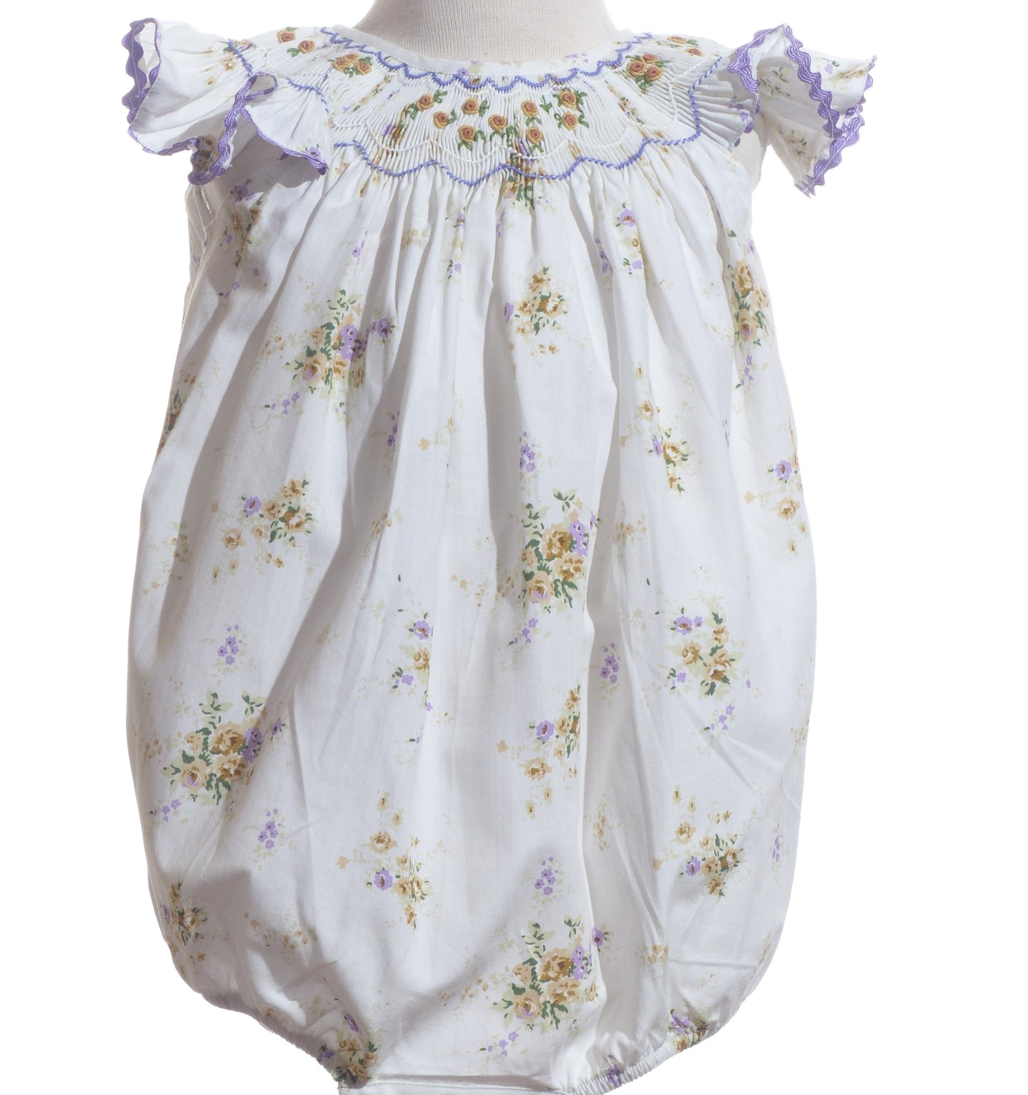 White Bubble With Delicate Yellow Floral Print & Purple Geometric Smocked Detailing