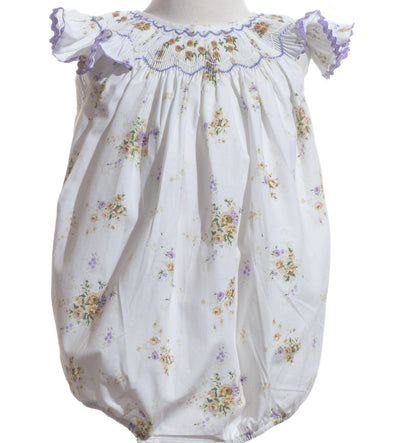 White Bubble With Delicate Yellow Floral Print & Purple Geometric Smocked Detailing