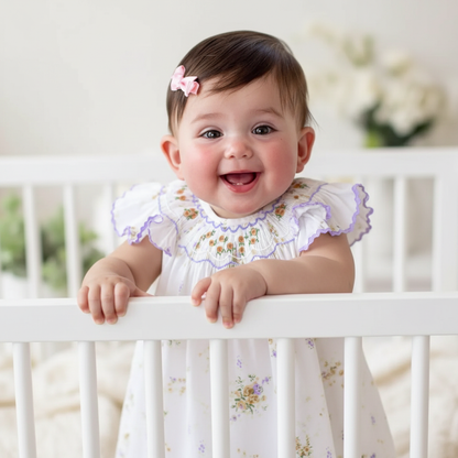 White Bubble With Delicate Yellow Floral Print & Purple Geometric Smocked Detailing