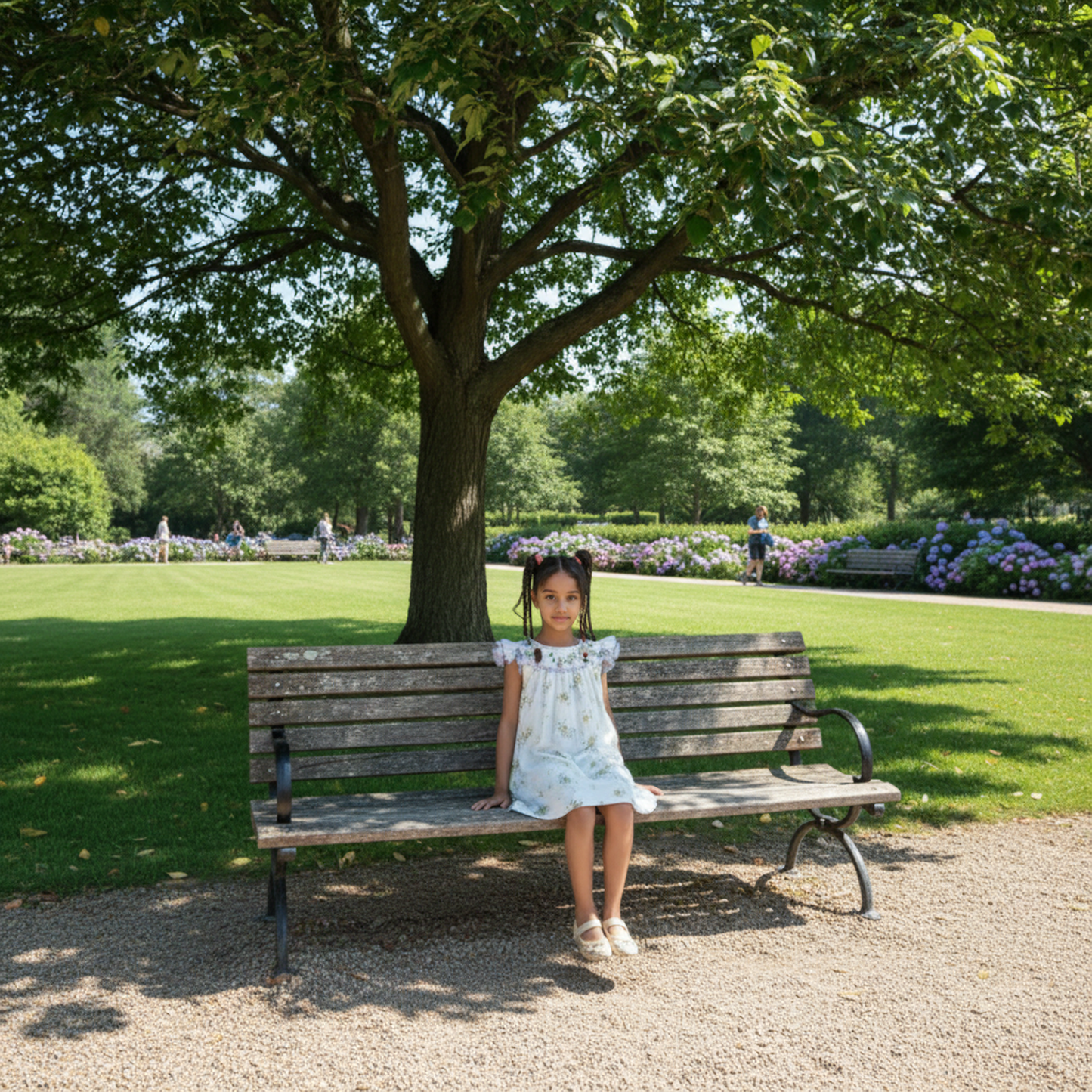 White Dress With Delicate Yellow Floral Print & Purple Geometric Smocked Detailing