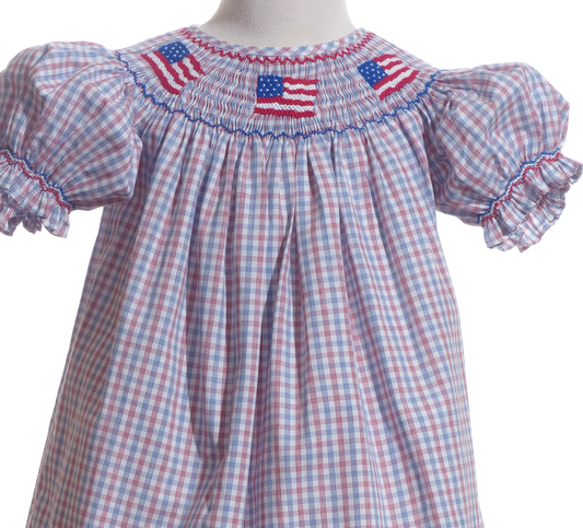 Red, White, BLue Gingham American Flags Smocked with Bishop Sleeve