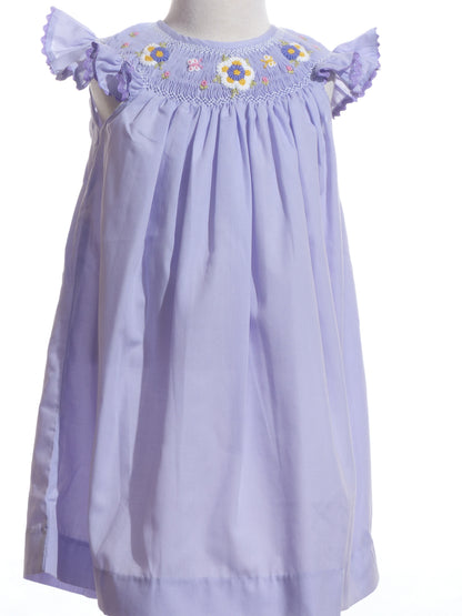 Purple Daisies Smocked Angel Sleeve Bishop Dress