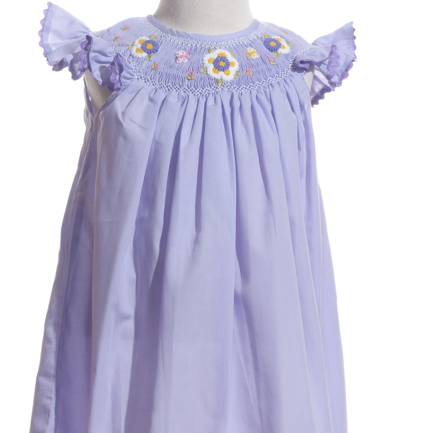 Purple Daisies Smocked Angel Sleeve Bishop Dress