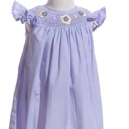 Purple Daisies Smocked Angel Sleeve Bishop Dress