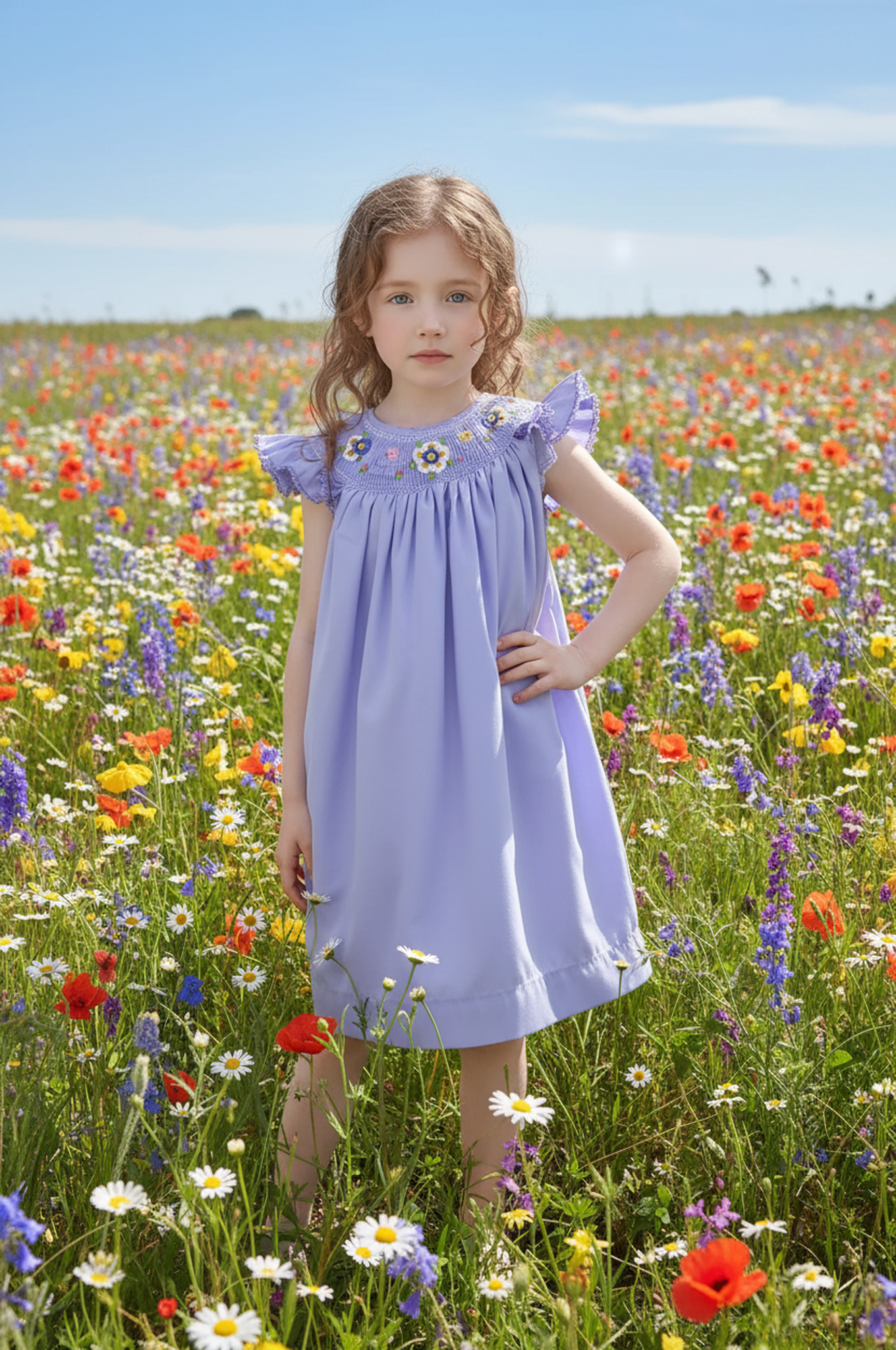 Purple Daisies Smocked Angel Sleeve Bishop Dress