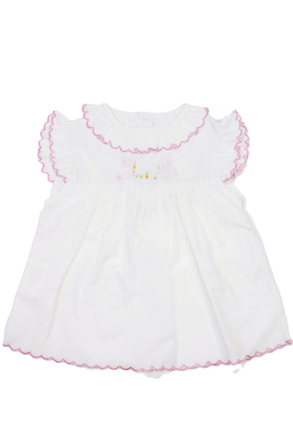 White Bunny Hand-Embroidered With Scalloped Collar Dress