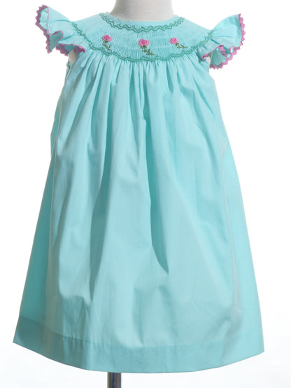 Blue Geo Smocked With Roses Angel Wing Sleeve Dress