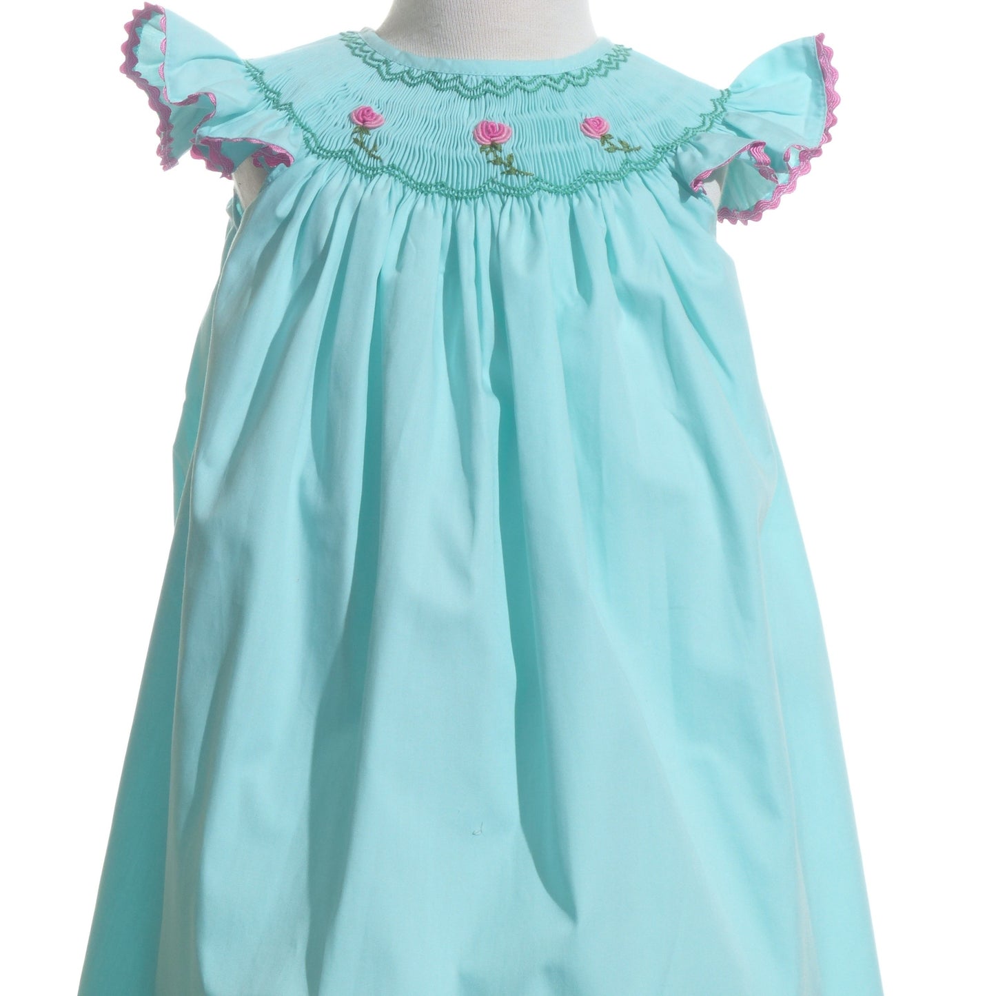 Blue Geo Smocked With Roses Angel Wing Sleeve Dress