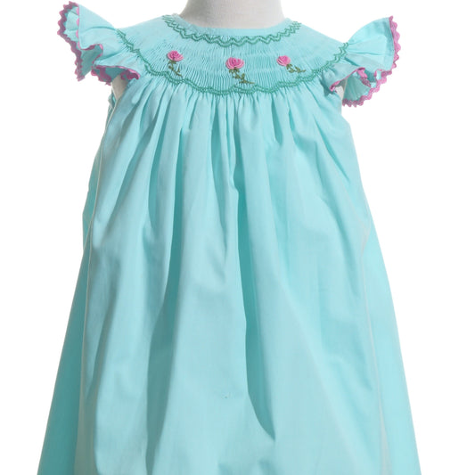 Blue Geo Smocked With Roses Angel Wing Sleeve Dress