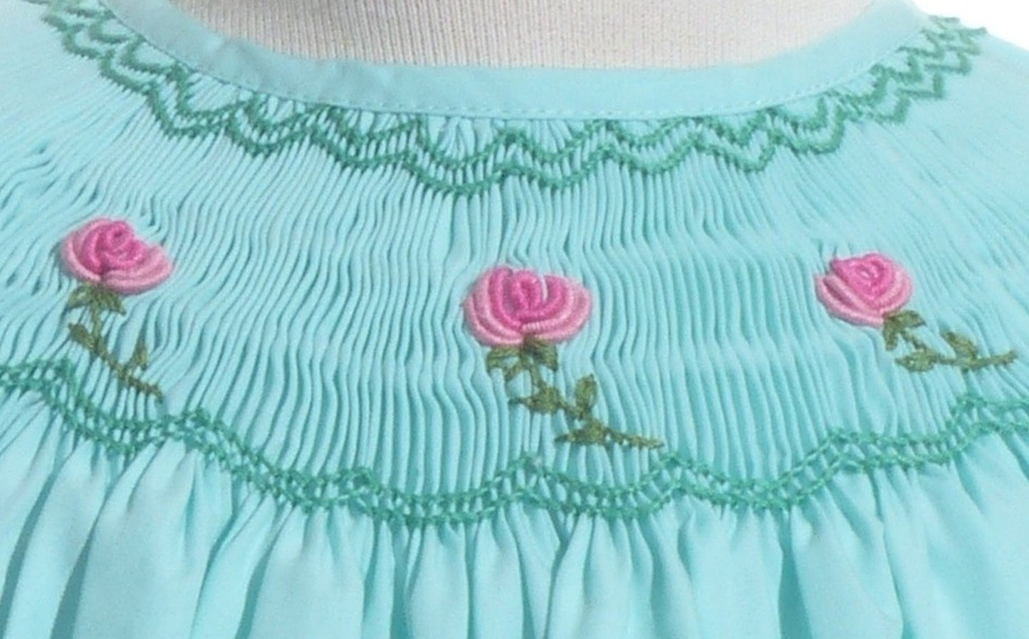 Blue Geo Smocked With Roses Angel Wing Sleeve Dress