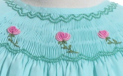 Blue Geo Smocked With Roses Angel Wing Sleeve Dress