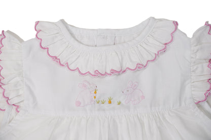 White Bunny Hand-Embroidered With Scalloped Collar Dress