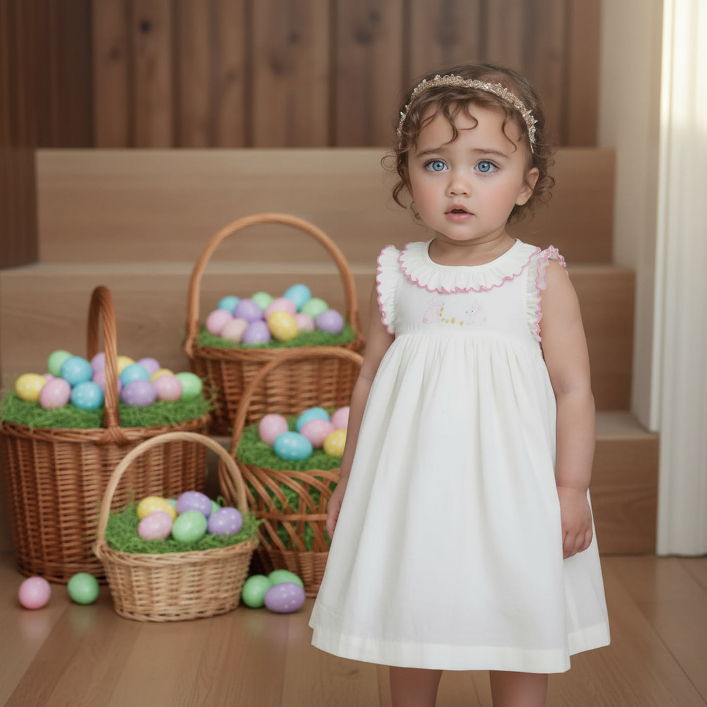 White Bunny Hand-Embroidered With Scalloped Collar Dress