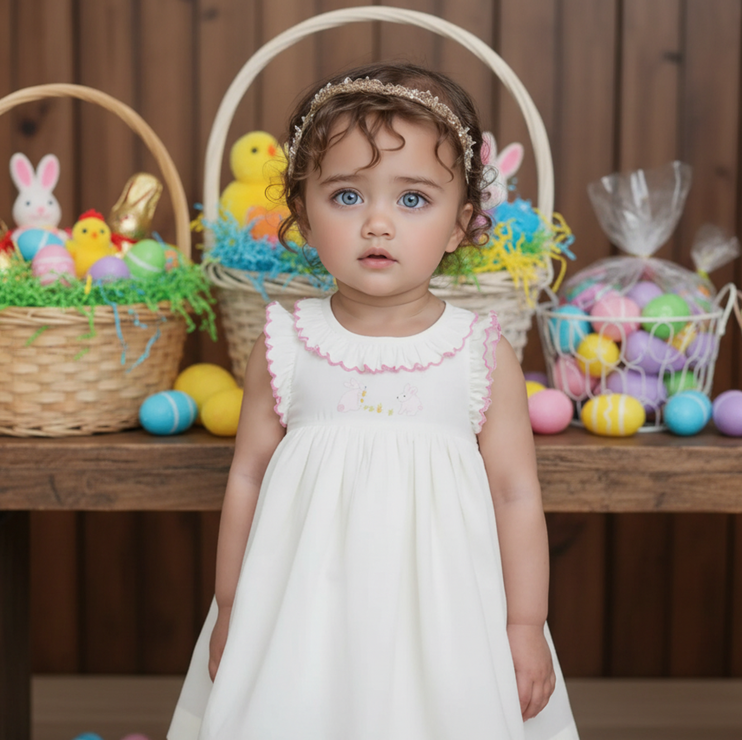 White Bunny Hand-Embroidered With Scalloped Collar Dress