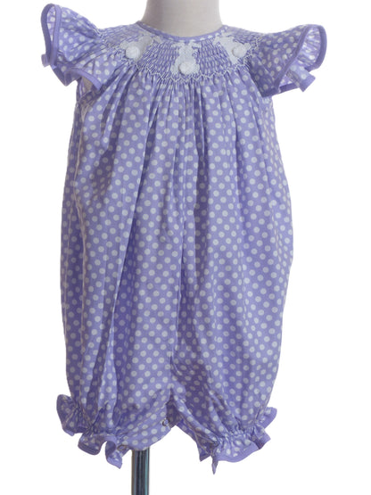 Purple Polka Dot Bunny Smocked Angle Wing Sleeve Romper