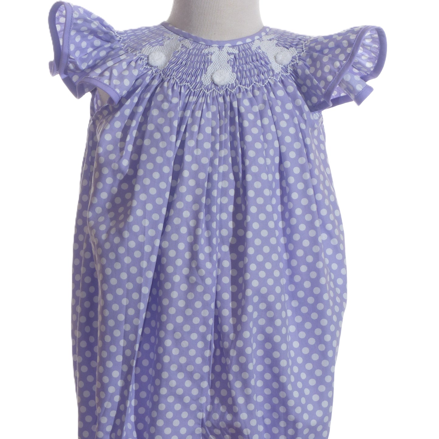 Purple Polka Dot Bunny Smocked Angle Wing Sleeve Romper