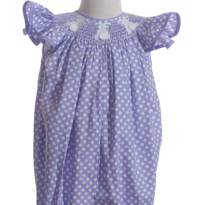 Purple Polka Dot Bunny Smocked Angle Wing Sleeve Romper