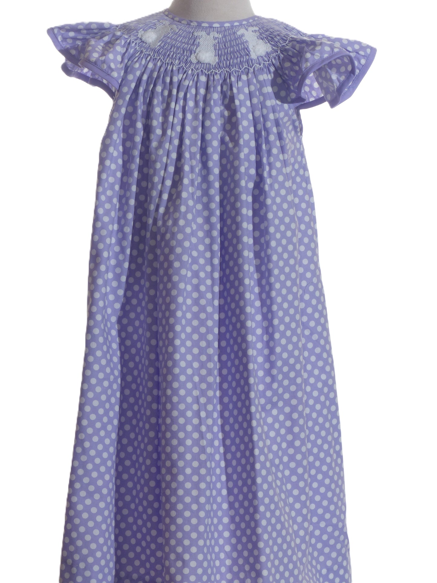 Purple Polka Dot Bunny Smocked Short Sleeve Bishop Dress