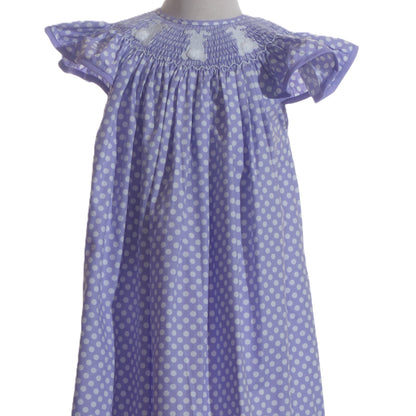 Purple Polka Dot Bunny Smocked Short Sleeve Bishop Dress