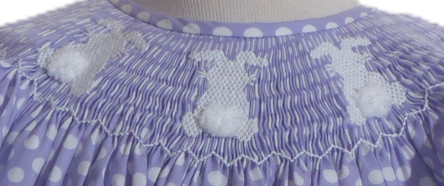 Purple Polka Dot Bunny Smocked Short Sleeve Bishop Dress