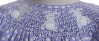 Purple Polka Dot Bunny Smocked Short Sleeve Bishop Dress