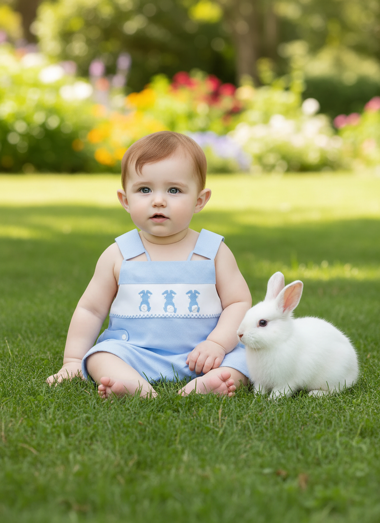 Light Blue Bunny Smocked Shortall