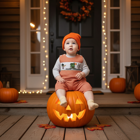 Orange Gingham Boy Jon Jon featuring HAUNTED HOUSE Smocked