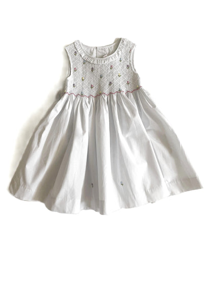 White Geometric Smocked with Multi Flowers Sleeveless Dress