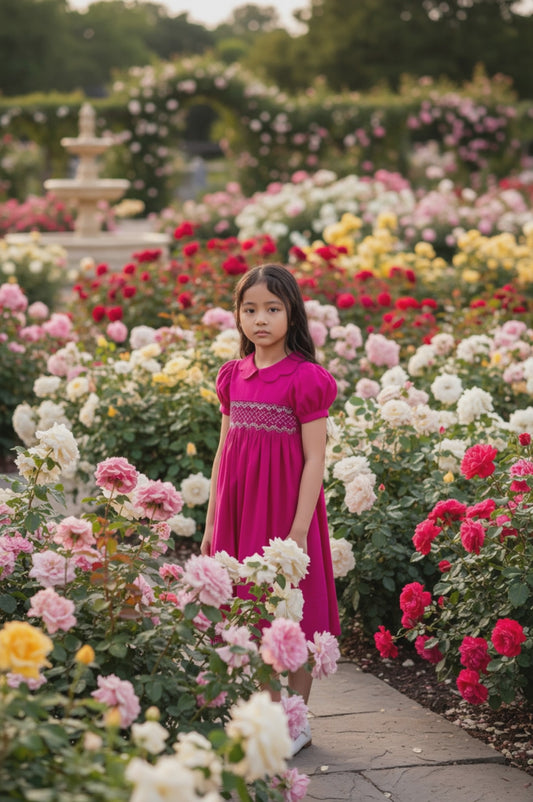 Pink Corduroy Geo Smocked With Roses Short Sleeve Bishop Dress