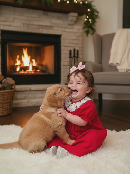 Red Corduroy Santa & Candy Cane Smocked Short Sleeve Bishop Dress