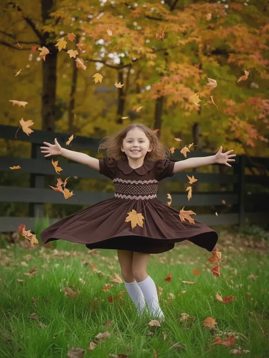 Brown Corduroy Geo Smocked With Roses Short Sleeve Bishop Dress
